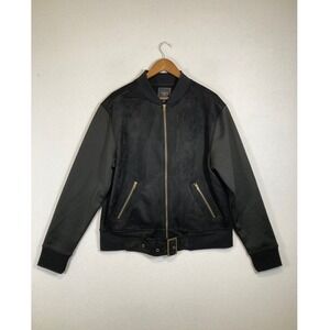 Edgy Chic Cohesive & Co Women Large Black Faux Suede Belted Bomber‎ Jacket Zip